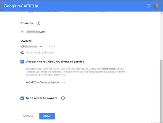 Mengisi detail situs Anda untuk Google reCAPTCHA