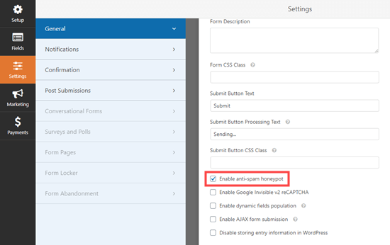 Opsi Aktifkan Anti-Spam Honeypot dicentang