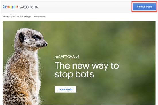 Halaman depan admin konsol Google ReCAPTCHA