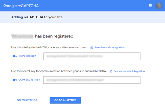 Kunci situs dan kunci rahasia Anda dari Google reCAPTCHA