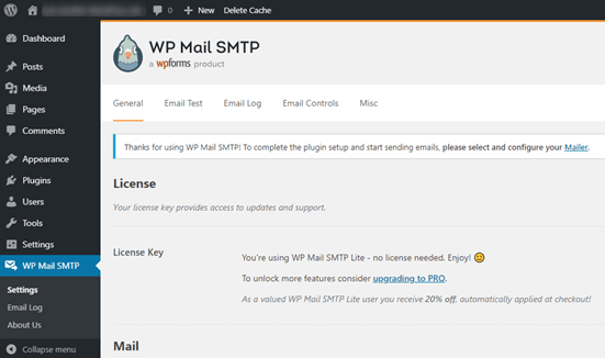 Halaman pengaturan SMTP WP Mail di dasbor WordPress Anda