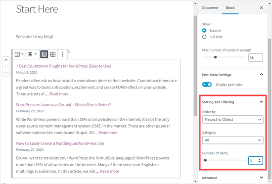 Menyortir dan memfilter daftar posting terbaru