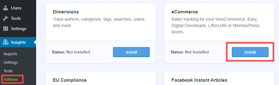 Menginstal add-on eCommerce untuk MonsterInsights