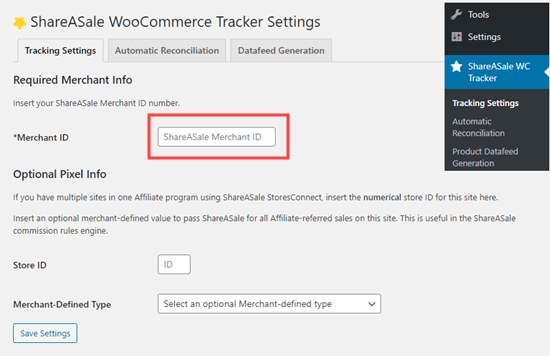 Menautkan plugin ShareASale WooCommerce Tracker ke akun ShareASale Anda