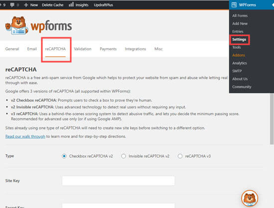 Halaman pengaturan reCAPTCHA di WPForms