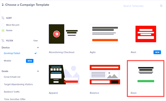 Memilih template Dasar untuk popup klik Anda