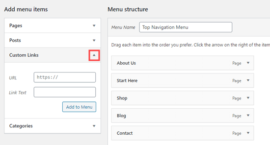 Menambahkan tautan khusus ke menu navigasi Anda