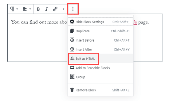 Beralih ke tampilan HTML blok di editor blok WordPress