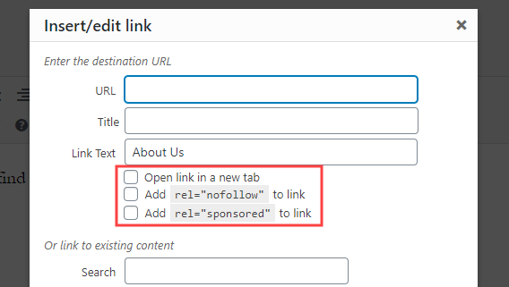 Opsi tambahan dibuat oleh plugin Judul dan Nofollow untuk Tautan WordPress