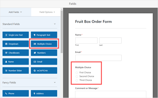 Menambahkan bidang pilihan ganda ke formulir Anda