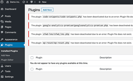 Plugin WordPress dinonaktifkan