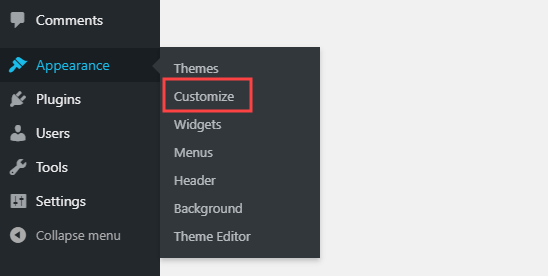 Pergi ke Penampilan lalu Kustomisasi di dasbor WordPress Anda