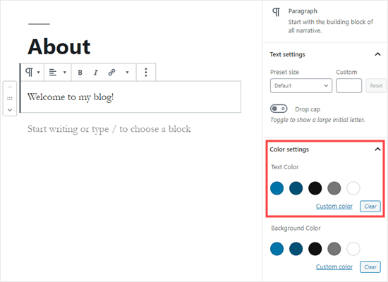 Memilih warna teks untuk seluruh blok di WordPress