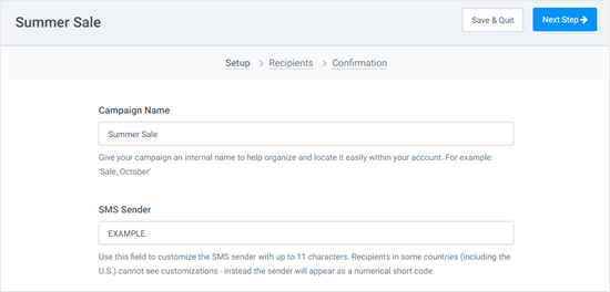 Memasukkan nama dan pengirim untuk kampanye SMS Anda
