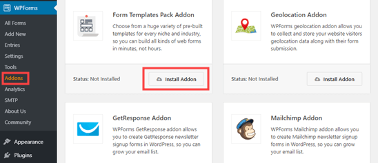 Menginstal addon paket templat formulir WPForms