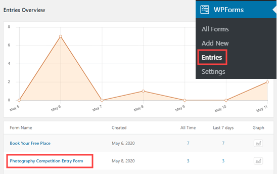 Pilih formulir Anda untuk melihat entri formulir di dasbor WordPress Anda