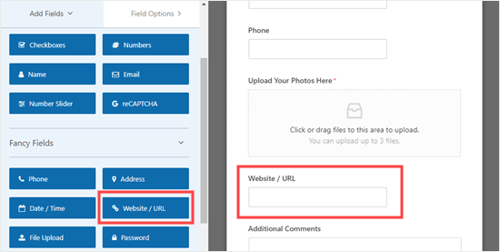 Menambahkan bidang situs web / URL ke formulir