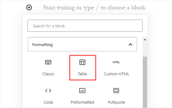 Menambahkan blok 'Tabel' di editor blok WordPress