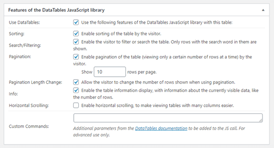 Opsi javascript tingkat lanjut untuk tabel Anda