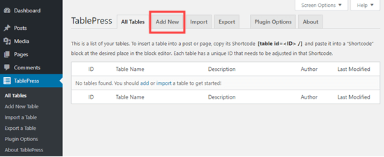 Menambahkan tabel baru di TablePress