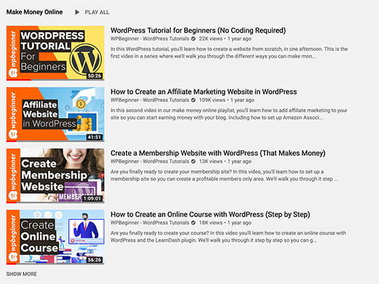 Daftar Putar WPBeginner di YouTube