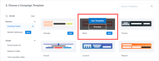 Pilih template Alert untuk mulai membangun bilah pengiriman gratis Anda