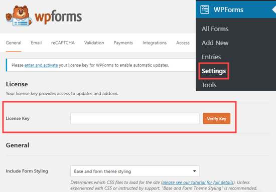 Memasukkan kunci lisensi Anda untuk WPForms