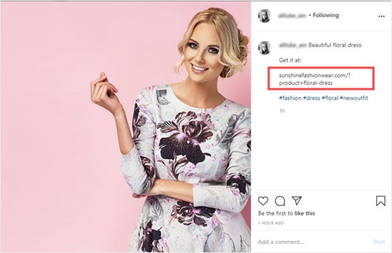 Foto di Instagram dengan URL produk di keterangan gambar