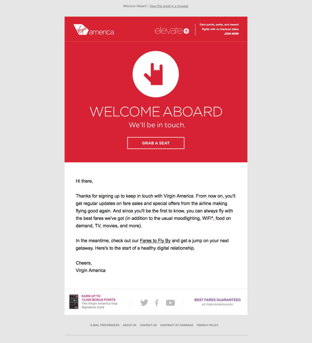 Virgin America menyambut email dengan CTA merah untuk memulai