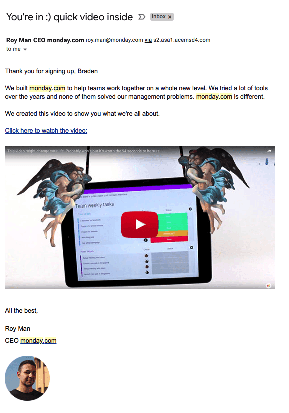 Monday.com menyambut email dengan tautan untuk menonton video oleh CEO Roy Man