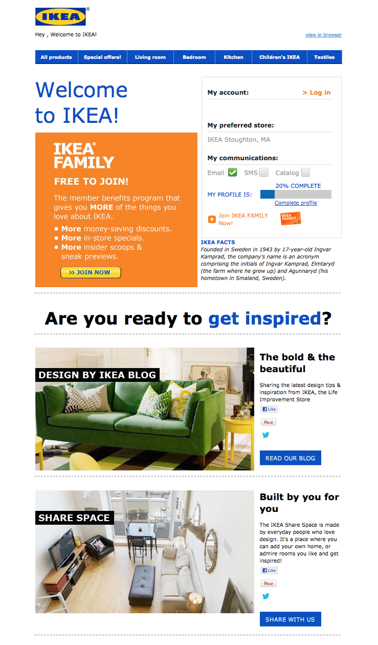 Email selamat datang IKEA dengan tawaran untuk bergabung dengan keanggotaan gratis