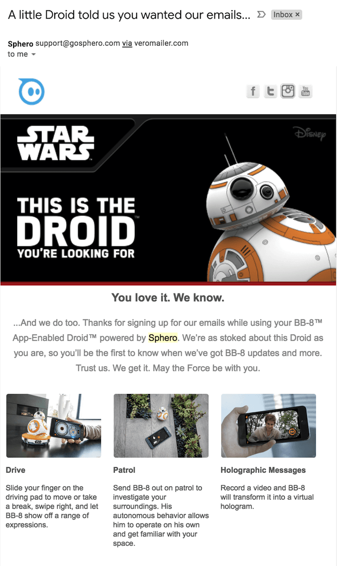 Email sambutan Sphero dengan BB-8 Star Wars Droid menyapa