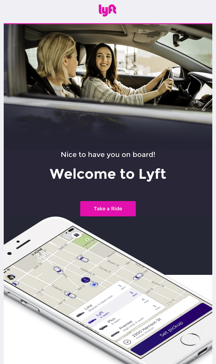 Lyft menyambut email dengan CTA merah muda untuk memulai