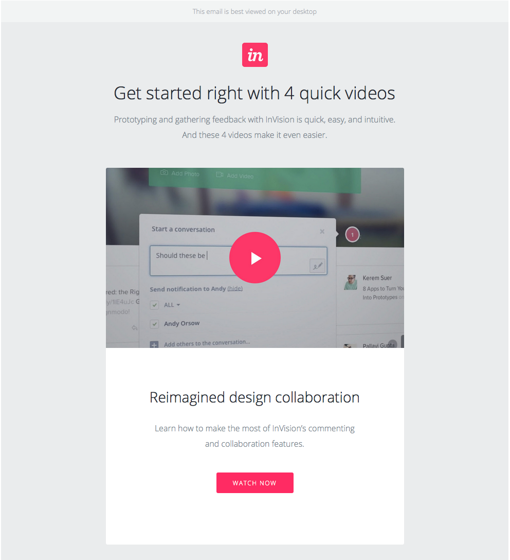 Email selamat datang InVision dengan tautan untuk menonton video