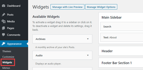 Bagian widget dari admin WordPress