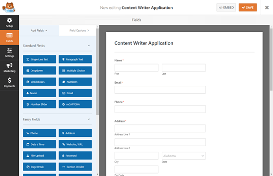 Templat formulir unggahan lamaran kerja default di WPForms