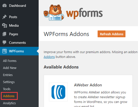 Halaman addons WPForms di admin WordPress Anda