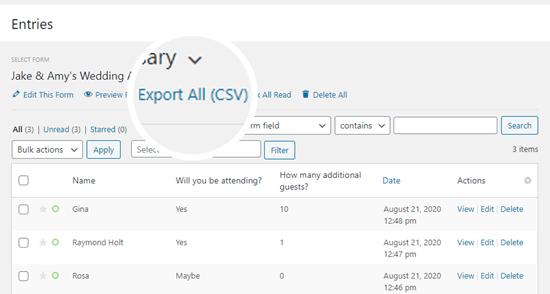 Ekspor CSV dari entri formulir RSVP Anda untuk menghasilkan daftar tamu