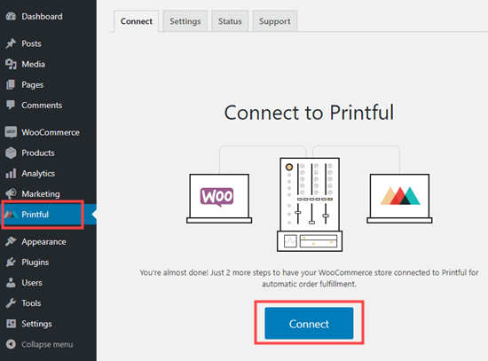 Klik tombol untuk menghubungkan Printful ke WooCommerce