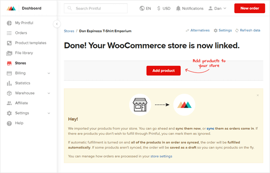 Toko WooCommerce Anda sekarang terhubung ke akun Printful Anda