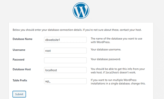 Masukkan informasi database WordPress Anda