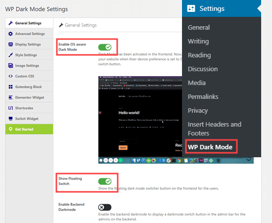 Halaman Pengaturan Umum untuk plugin WP Mode Gelap