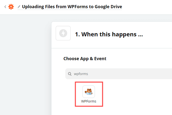 Memilih aplikasi WPForms di Zapier