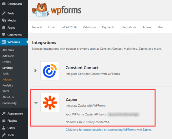 Mendapatkan kunci API Zapier dari WPForms