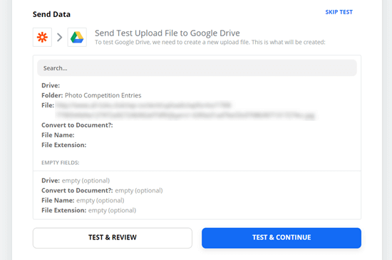 Mengirim file uji ke Google Drive menggunakan Zapier