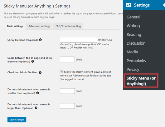 Halaman pengaturan plugin Sticky Menu