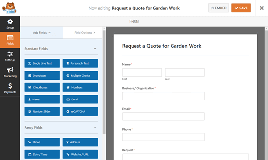 Formulir Minta Kutipan default di pembuat formulir WPForms