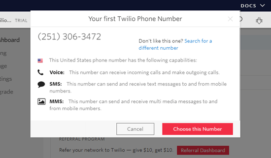 Pilih nomor telepon yang akan digunakan dengan Twilio