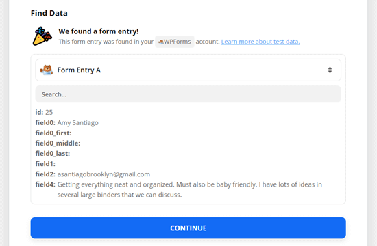 Zapier akan menampilkan data dari entri tes Anda