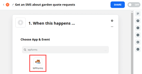 Pilih WPForms sebagai pemicu zap Anda